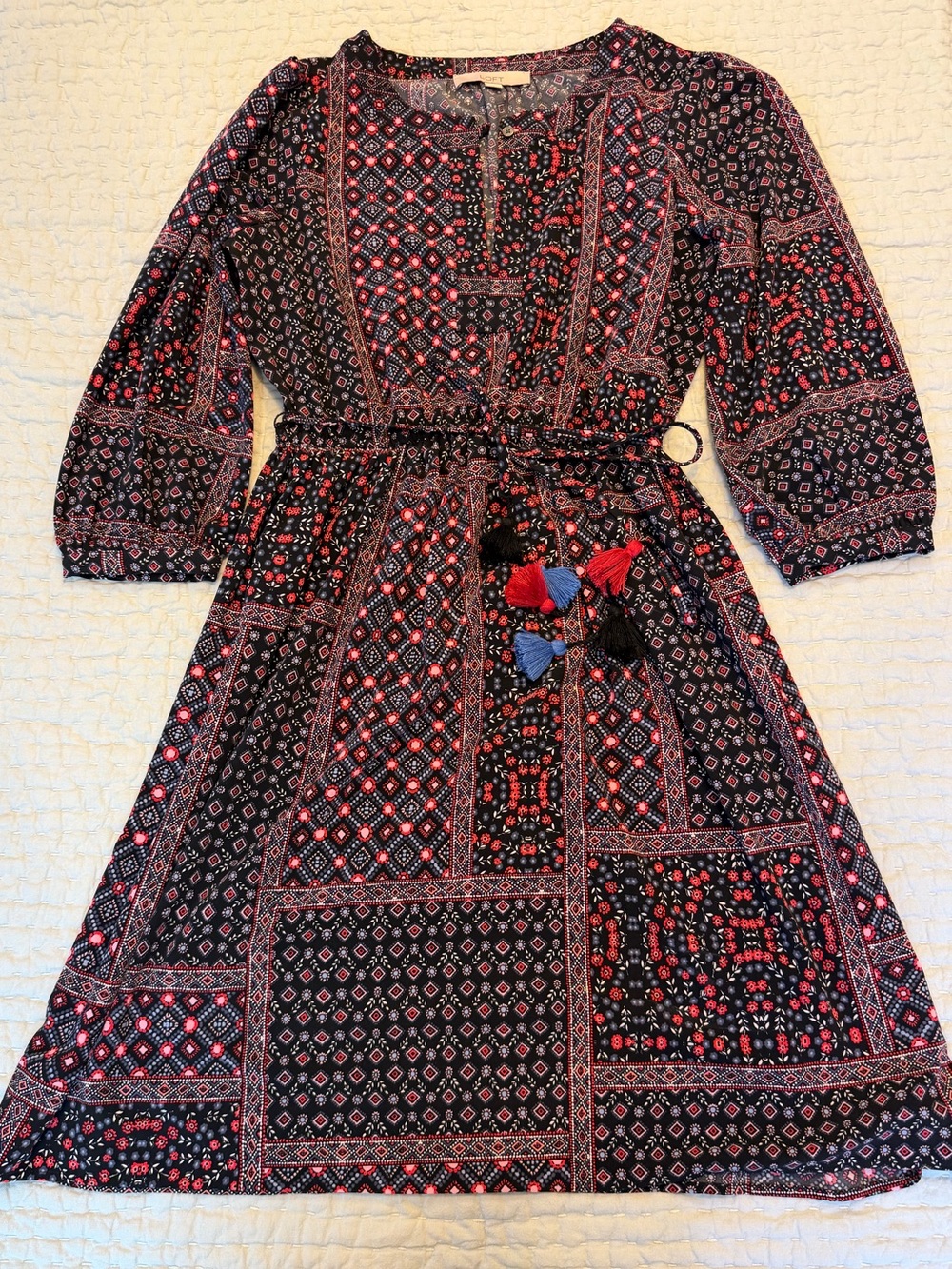 LOFT Boho Mixed Medallion Print Dress Tassel Tie Belt Smocked Waist Long Sleeve